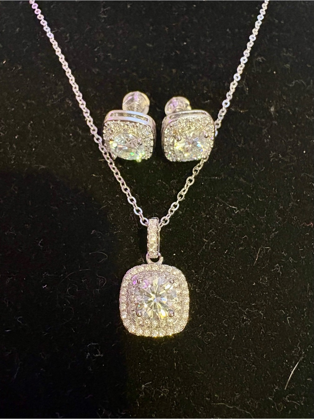 Classic Silver-Tone Moissanite Halo Pendant Necklace and Stud Earrings Set